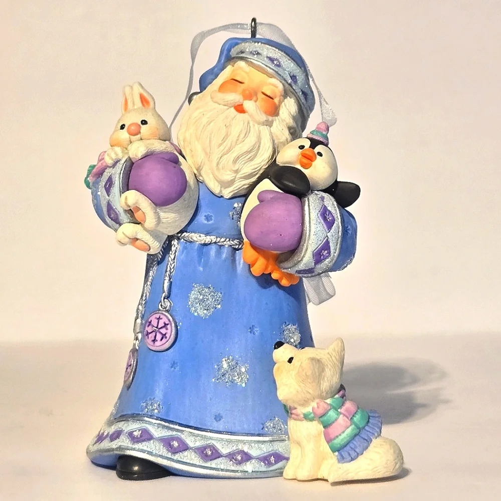 VTG '02 HALLMARK Woodland Friends Ornament Santa w Penguin Bunny Wolf, Orig Box